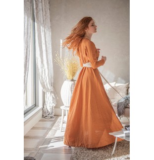 Belted long-sleeved linen dress