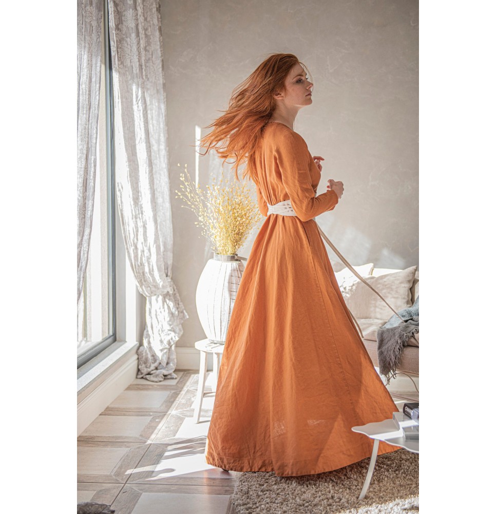 Belted long-sleeved linen dress