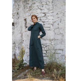 Dark green long-sleeved linen dress