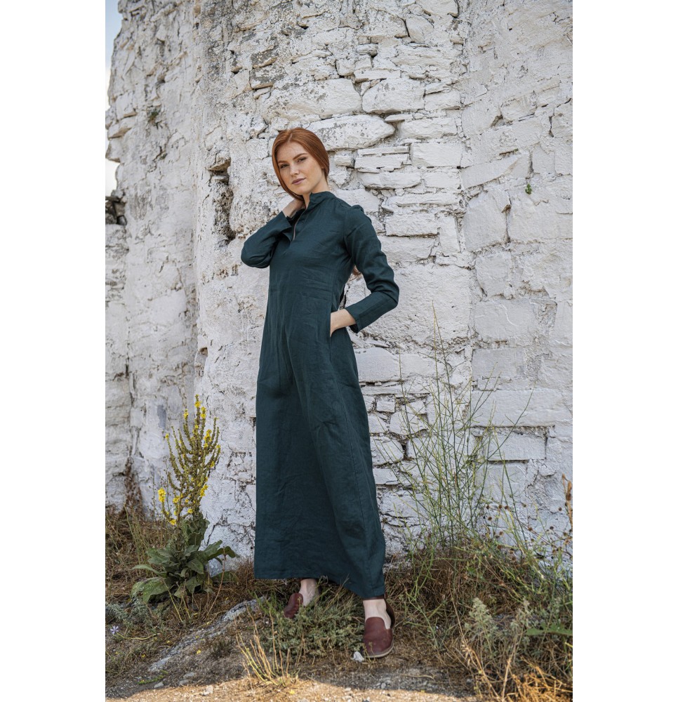 Dark green long-sleeved linen dress