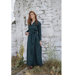 Dark green long-sleeved linen dress